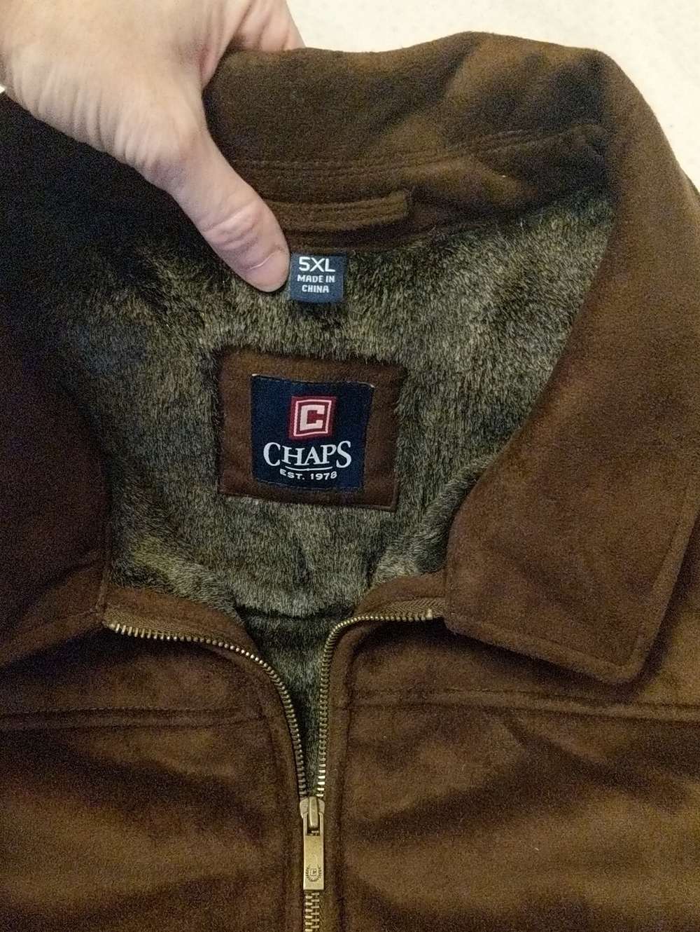 Chaps Men's 5XL Faux Suede Jacket Faux Fur Lined Full Zip Brown EUC Like New